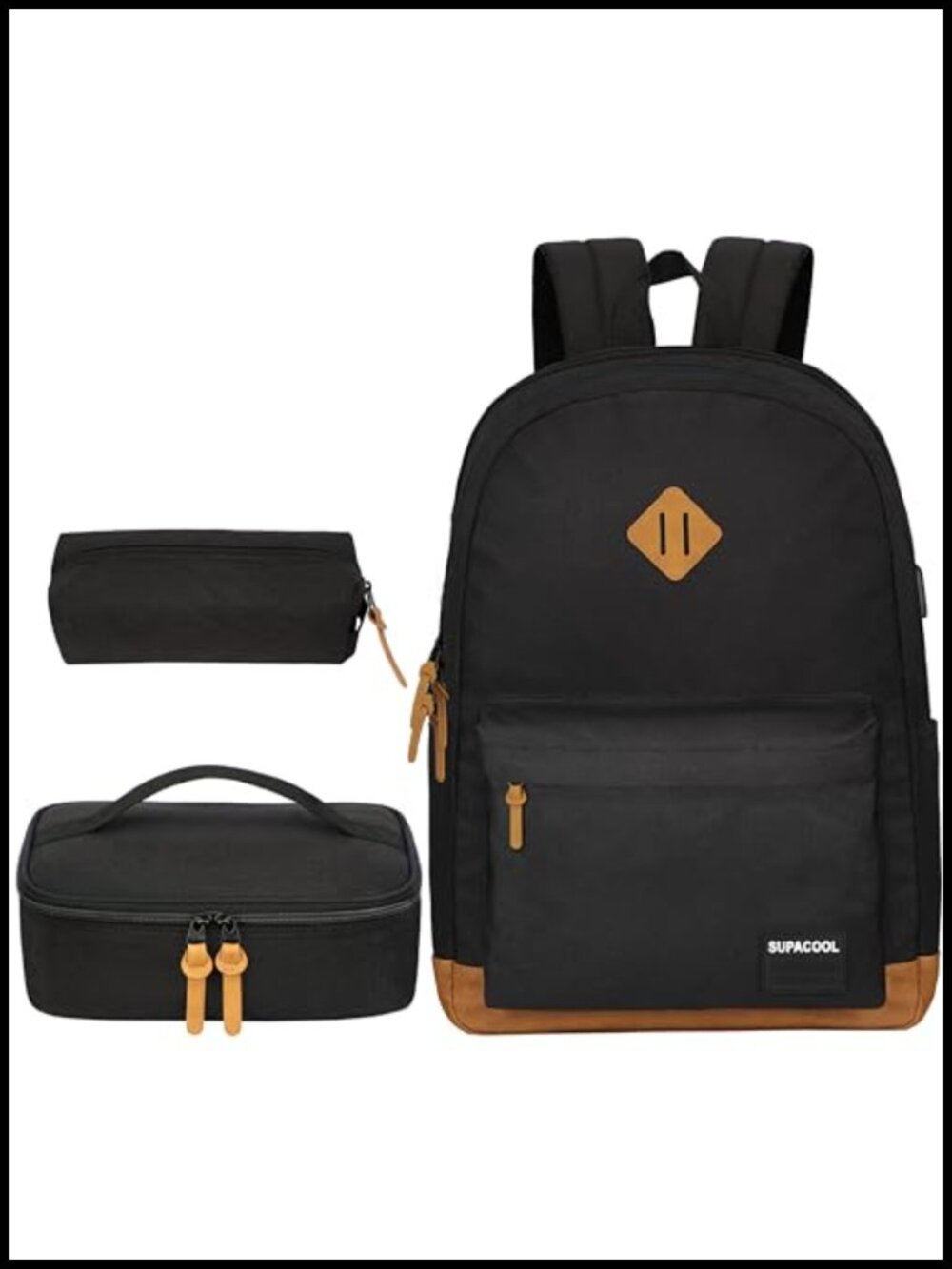 Laptop Backpack with USB Port, Lunch Bag & Pencil Bag Set, Water Resistant, 3